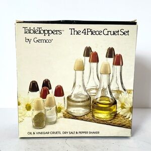 New in Box Vintage Gemco “Table Toppers” 4-Piece Cruet Set – Almond Caps – 1970s